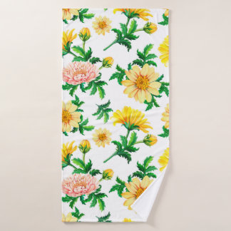 Wasserfarbene Chrysanthemen. Gelbe Blumen mit Gras Badehandtuch