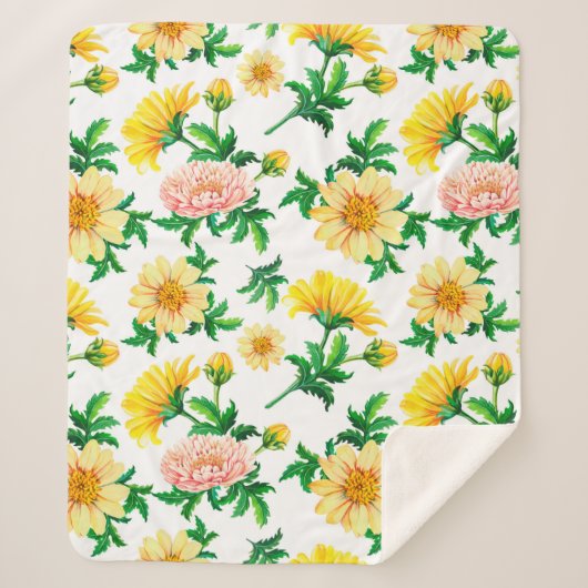 Wasserfarbene Chrysanthemen. Gelbe Blumen mit Gras Sherpadecke (Vorderseite)