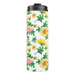 Wasserfarbene Chrysanthemen. Gelbe Blumen mit Gras Thermosbecher