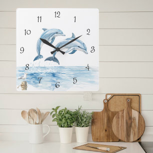 Wasserfarbene Delphine Küste Sommer Sommer Quadratische Wanduhr