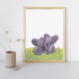 Wasserfarbene Elefanten Blume und Gras-Kinderzimme Poster
