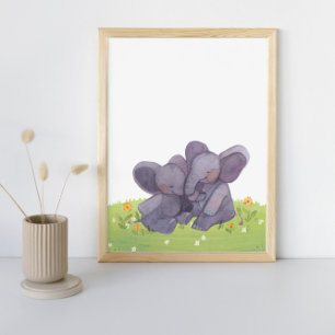Wasserfarbene Elefanten Blume und Gras-Kinderzimme Poster