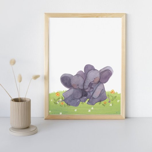 Wasserfarbene Elefanten Blume und Gras-Kinderzimme Poster