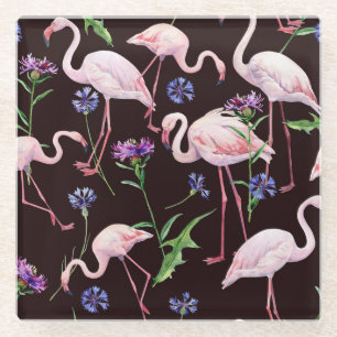 Wasserfarbene Flamingos und wilde Blumen Muster. Glasuntersetzer