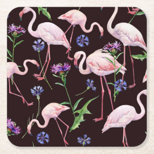 Wasserfarbene Flamingos und wilde Blumen Muster. Rechteckiger Pappuntersetzer