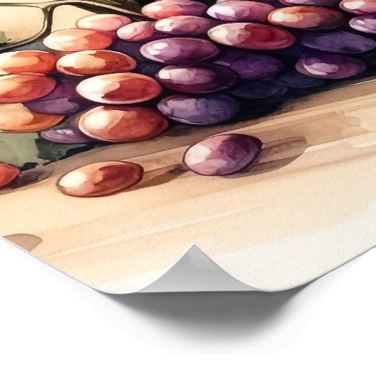 Wasserfarbene Flasche und Trauben Poster (Ecke)