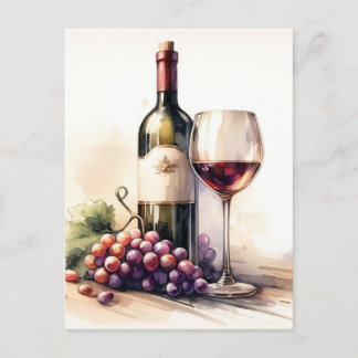 Wasserfarbene Flasche und Trauben Postkarte