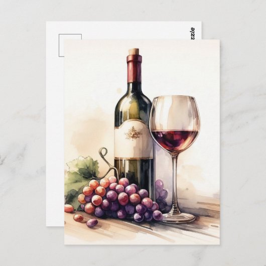 Wasserfarbene Flasche und Trauben Postkarte (Vorne/Hinten)