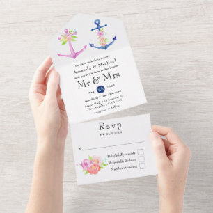 Wasserfarbene florale nautische Hochzeit All In One Einladung