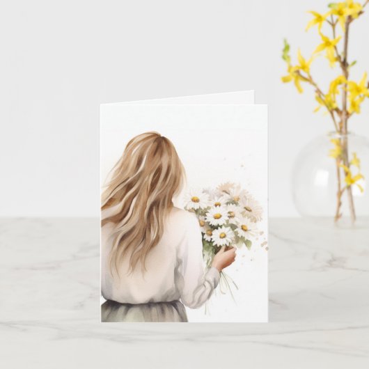 Wasserfarbene Frau mit Daisy Karte (Gelbe Blume)