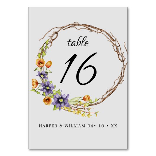 Wasserfarbene Frühlingsblumen auf Hochzeit Tischnummer (Rückseite)