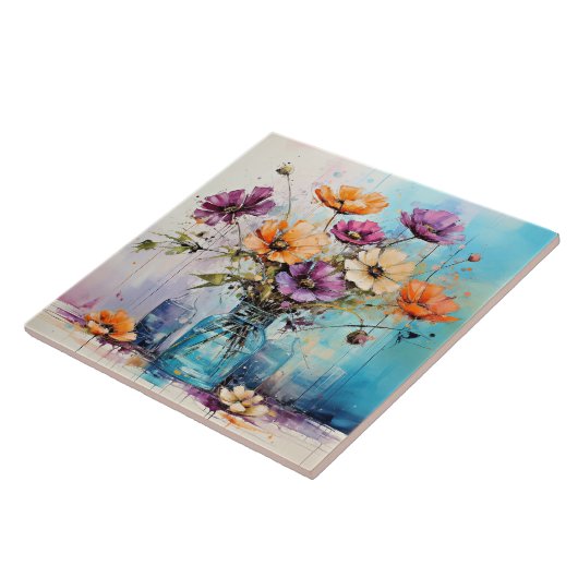 Wasserfarbene Frühlingsblumen Fliese (Seite)