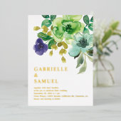 Wasserfarbene Frühlingsblumen & Grünpflanzen Hochz Folieneinladung (Stehend vorne)