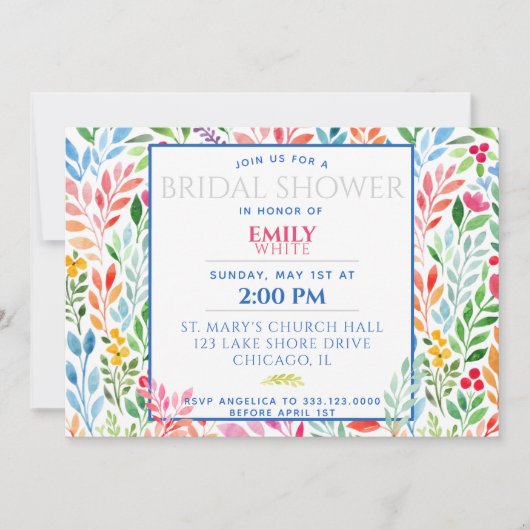 Wasserfarbene Frühlingsblumen Hochzeitsstich Braut Einladung (Vorderseite)