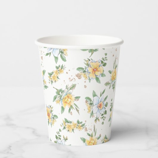 Wasserfarbene Frühlingsblumen & Milchdesign Pappbecher (Rückseite)