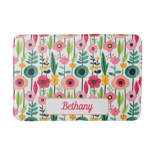 Wasserfarbene Frühlingsblumen mit Namen Elegant Badematte (Vorderseite)