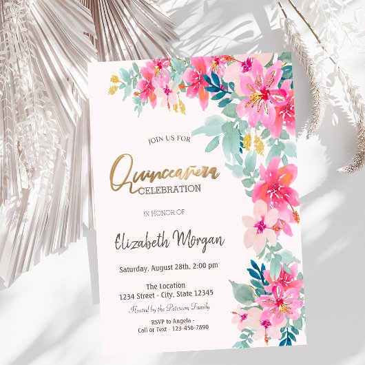 Wasserfarbene Frühlingsblumen Quinceñera Einladung