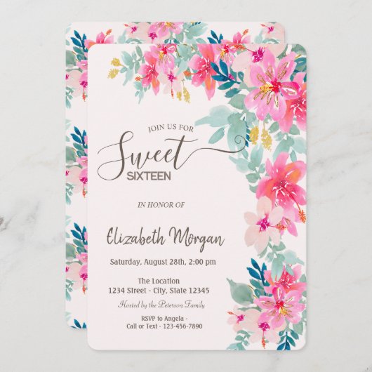 Wasserfarbene Frühlingsblumen Süß 16 Einladung (Vorne/Hinten)