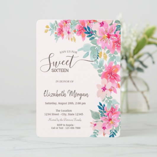 Wasserfarbene Frühlingsblumen Süß 16 Einladung (Stehend Vorderseite)