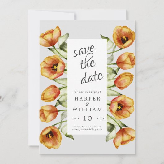 Wasserfarbene Frühlingsblumen Tulpen Save the Date Einladung (Vorderseite)
