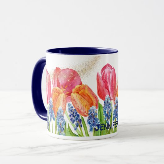 Wasserfarbene Frühlingshuppen und Blume Glitzer Tasse (Vorderseite Links)