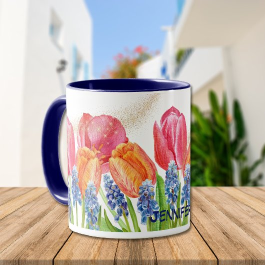 Wasserfarbene Frühlingshuppen und Blume Glitzer Tasse