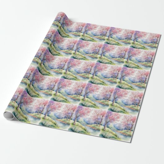 Wasserfarbene Frühlingslandschaft Geschenkpapier (Ungerollt)