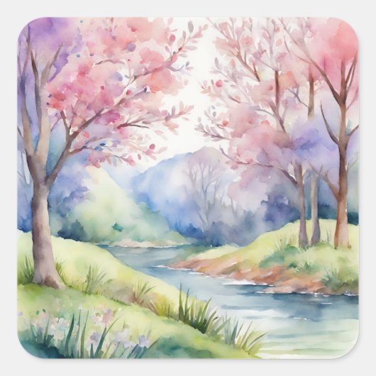 Wasserfarbene Frühlingslandschaft Quadratischer Aufkleber (Vorderseite)