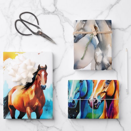 Wasserfarbene Galopp Pferde im Freien Geschenkpapier Set (Vorderseite)