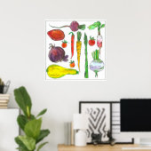 Wasserfarbene Gemüse Karotten Rüben Spargel Poster (Heimbüro)