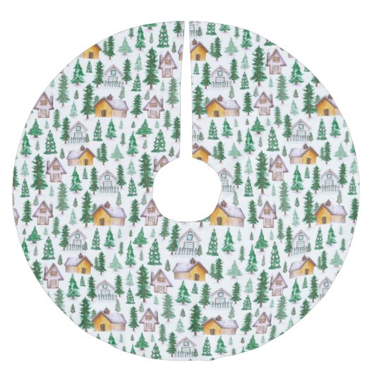 Wasserfarbene gemütliche Kabinen im Pinienwald Mus Polyester Weihnachtsbaumdecke (Vorderseite)