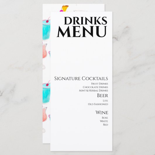 Wasserfarbene Getränke Cocktail Weinkarte für Hoch Menükarte (Vorne/Hinten)