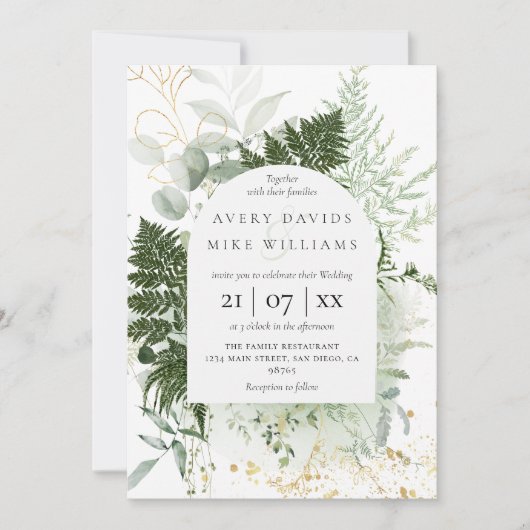 Wasserfarbene Grün & Gold Hochzeitsfeier Einladung (Vorderseite)