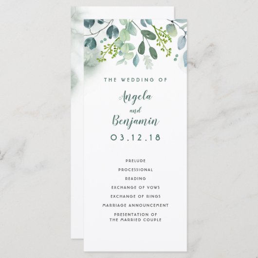 Wasserfarbene Grünanlagen Elegante Hochzeitsprogra Programm (Vorne/Hinten)