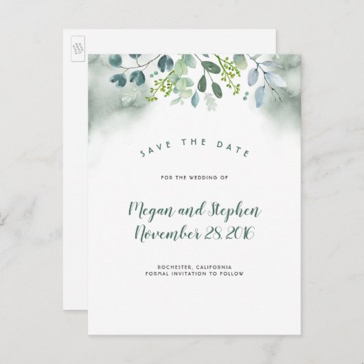 Wasserfarbene Grünanlagen Save the Date Ankündigungspostkarte (Vorne/Hinten)