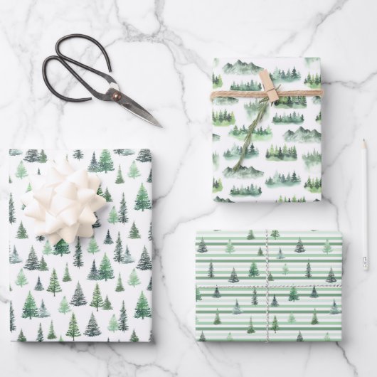 Wasserfarbene, grüne Bäume Waldmuster Geschenkpapier Set (Vorderseite)