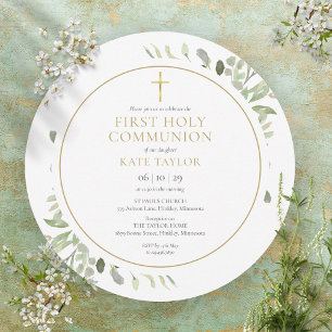 Wasserfarbene Grüne Erstkommunion Rund Einladung