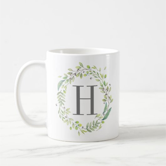 Wasserfarbene Grünkrone und Monogramm Kaffeetasse (Links)