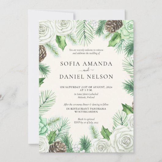 Wasserfarbene Grünpflanzen Blumen Winter Hochzeit Einladung (Vorderseite)