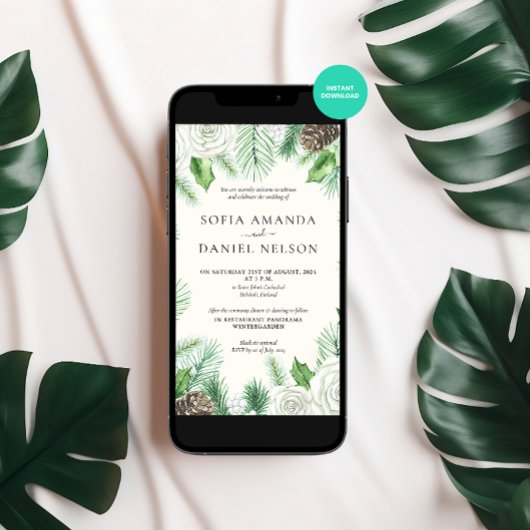 Wasserfarbene Grünpflanzen Blumen Winter Hochzeit Einladung