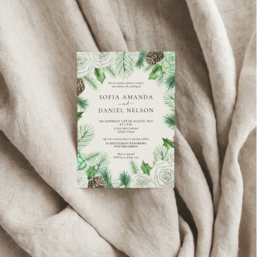 Wasserfarbene Grünpflanzen Blumen Winter Hochzeit Einladung