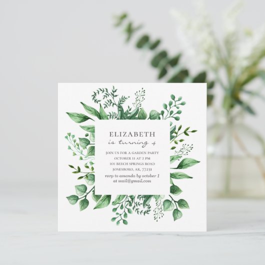 Wasserfarbene Grünpflanzen botanisch. Garden Kinde Einladung (Stehend Vorderseite)