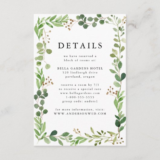 Wasserfarbene Grünpflanzen Hochzeitsdetails Begleitkarte (Vorderseite)