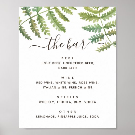 Wasserfarbene Grünpflanzen Hochzeitsgetränke Bar Poster (Vorne)