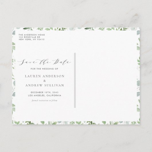 Wasserfarbene Grünpflanzen und weiße Blume Save th Ankündigungspostkarte (Rückseite)