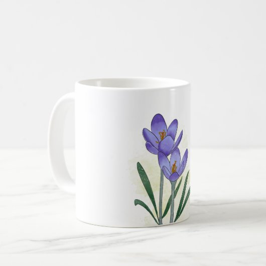 Wasserfarbene handbemalte Crocus-Blume Kaffeetasse (Vorderseite Links)