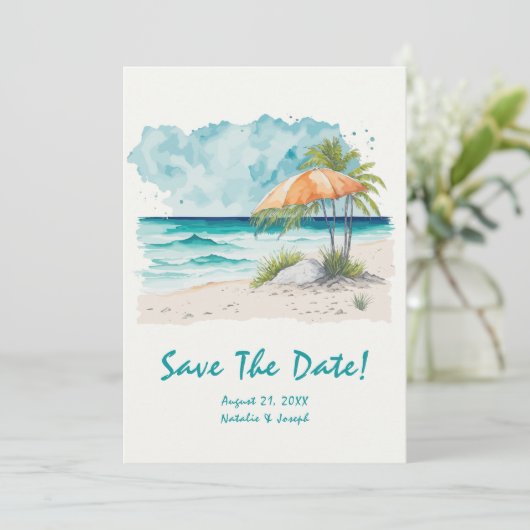Wasserfarbene, handgezeichnete Strandansicht farbe Save The Date (Stehend Vorderseite)