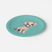 Wasserfarbene, handgezogene Welpe mit Pulverblauen Pappteller (Schrägansicht)