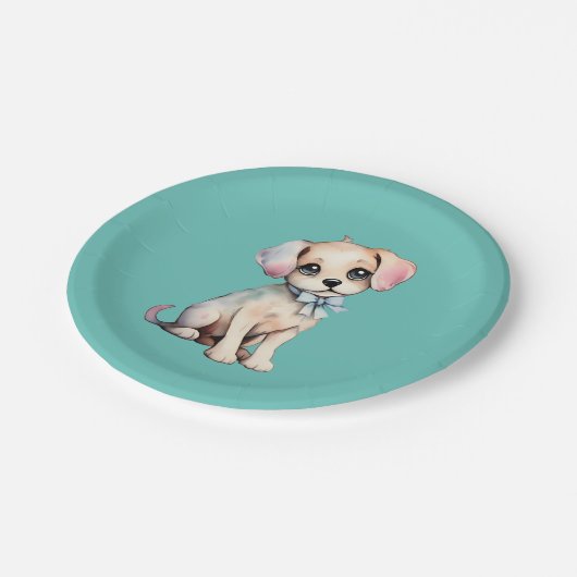 Wasserfarbene, handgezogene Welpe mit Pulverblauen Pappteller (Schrägansicht)