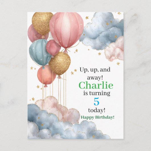 Wasserfarbene Heißluftballons und Glitzer Wolken Postkarte (Vorderseite)